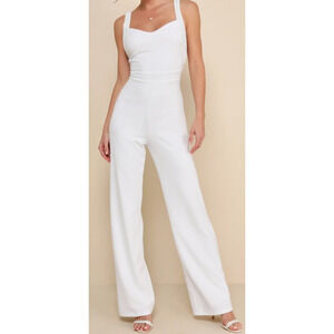 LULU'S XS Love Aglow White Pearl Beaded Sleeveless Straight Leg Jumpsuit B106